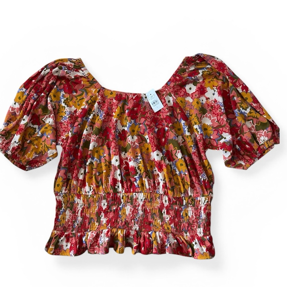 Floral Puff Sleeve Smocked Crop Top - Red & Mustard